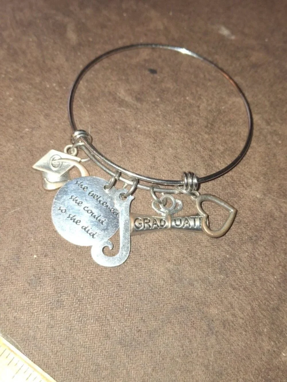 Graduation charm expandable bracelet silvertone